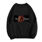 Unworn women's crewneck sweatshirt, front view of the design depicting a running masked figure centered in a narrow lettered banner