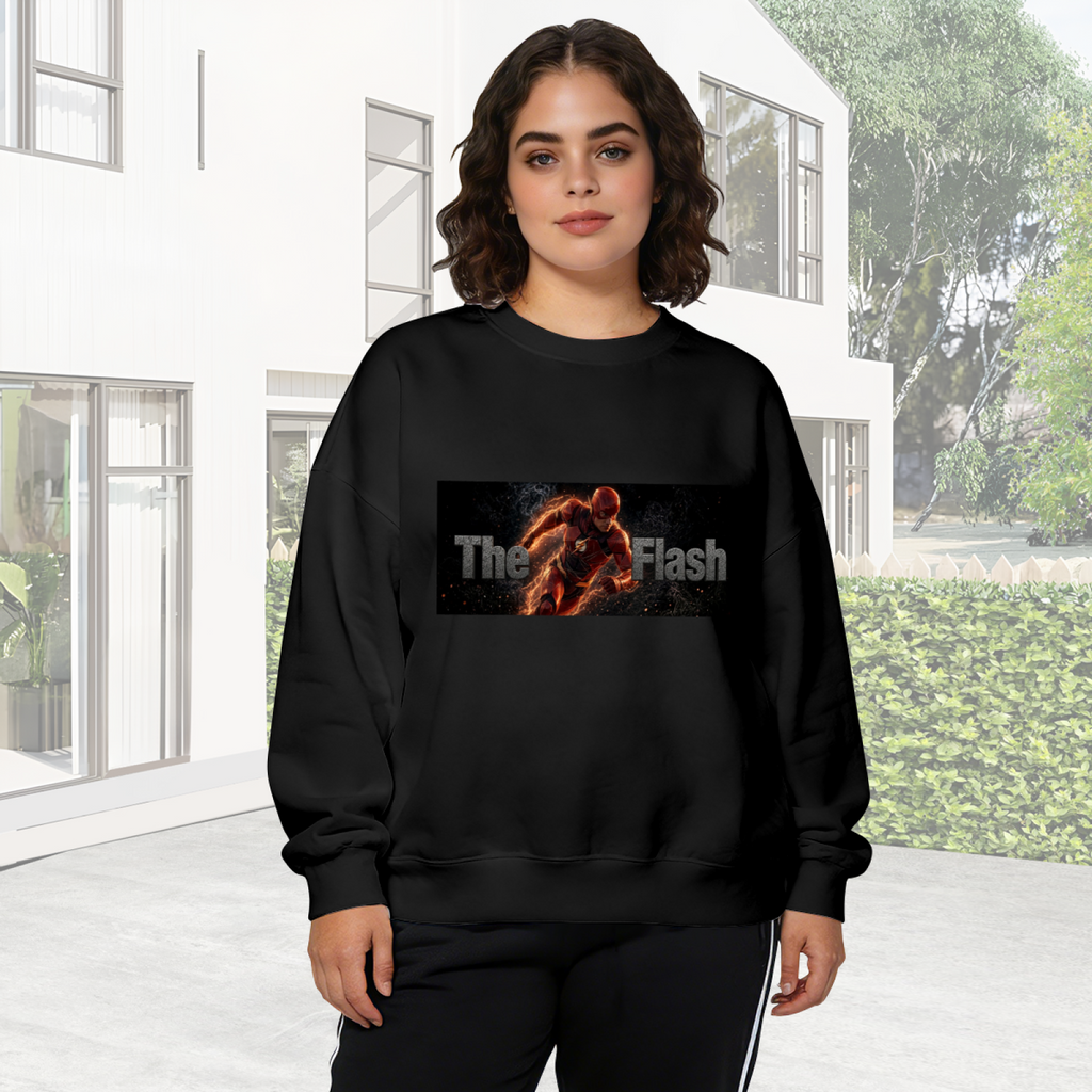 On-location model photograph displaying a running masked figure centered in a narrow lettered banner on the front of a women's crewneck sweatshirt