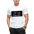 Front view of a model in a men's T-shirt featuring funny Cat & Mouse Prank artwork