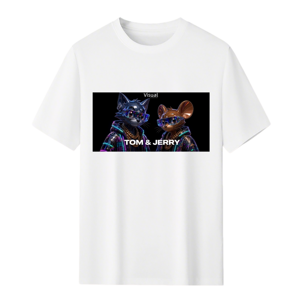 Front-facing men's T-shirt with funny Cat & Mouse Prank graphic clearly displayed
