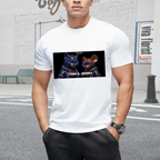 Street view of a model wearing a men's T-shirt with funny Cat & Mouse Prank graphic