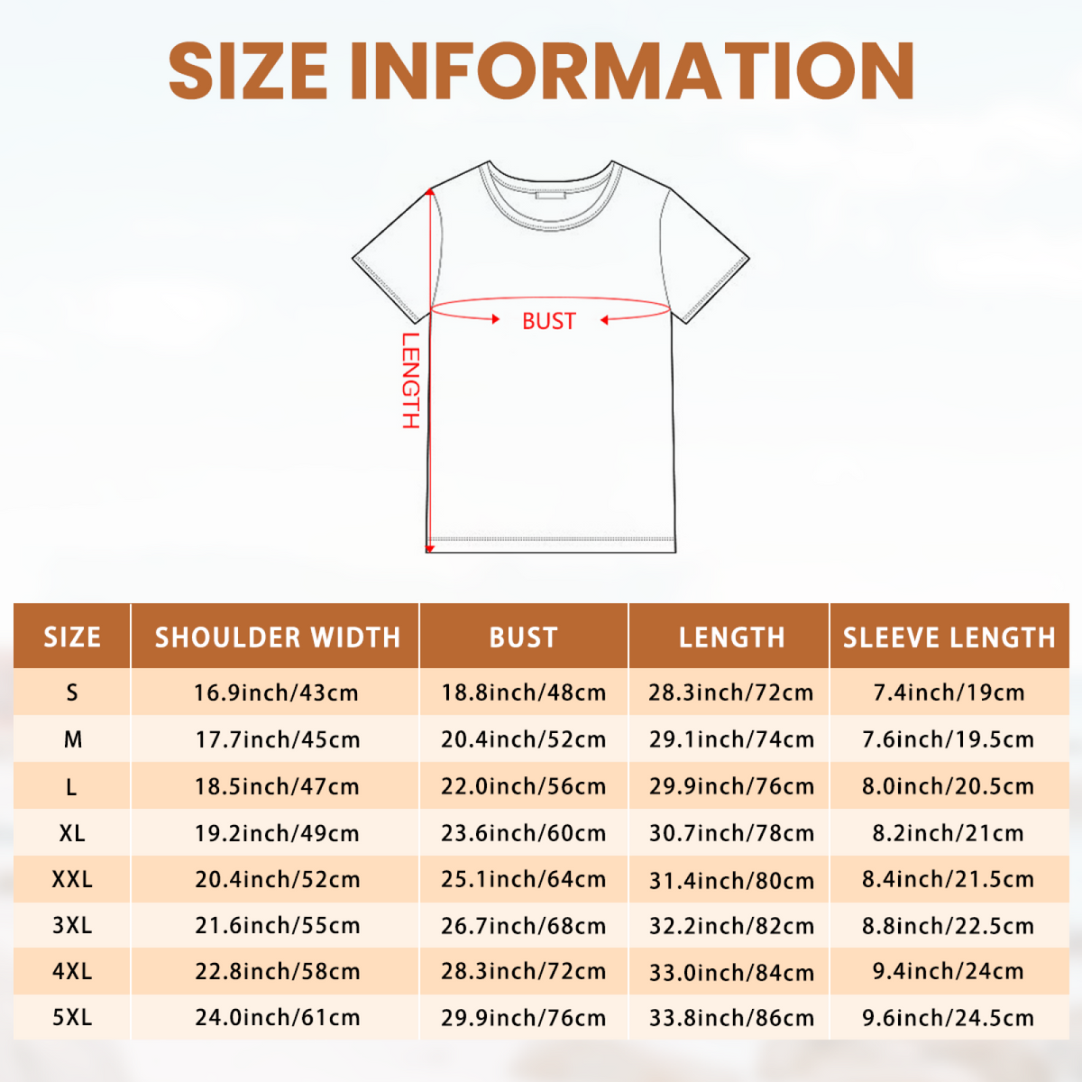 Men's T-shirt sizing guide for funny Cat & Mouse Prank artwork with measurement diagram and size table