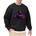 Front-facing model wearing a men's crewneck sweatshirt decorated with an armored cowl portrait surrounded by electric pink and blue light