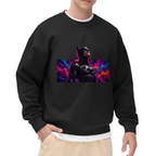 Front-facing model wearing a men's crewneck sweatshirt decorated with an armored cowl portrait surrounded by electric pink and blue light