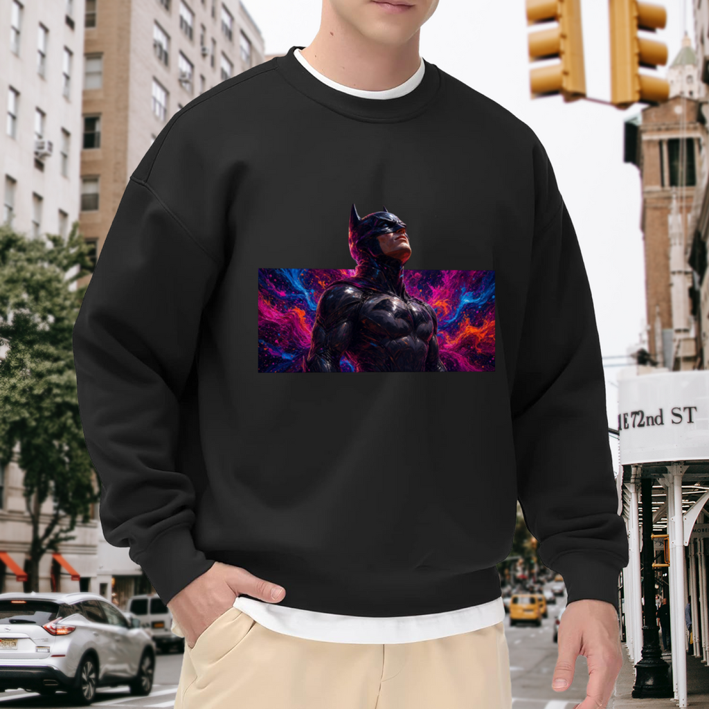 Outdoor photograph of a model in a men's crewneck sweatshirt bearing an armored cowl portrait surrounded by electric pink and blue light