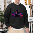 Outdoor photograph of a model in a men's crewneck sweatshirt bearing an armored cowl portrait surrounded by electric pink and blue light
