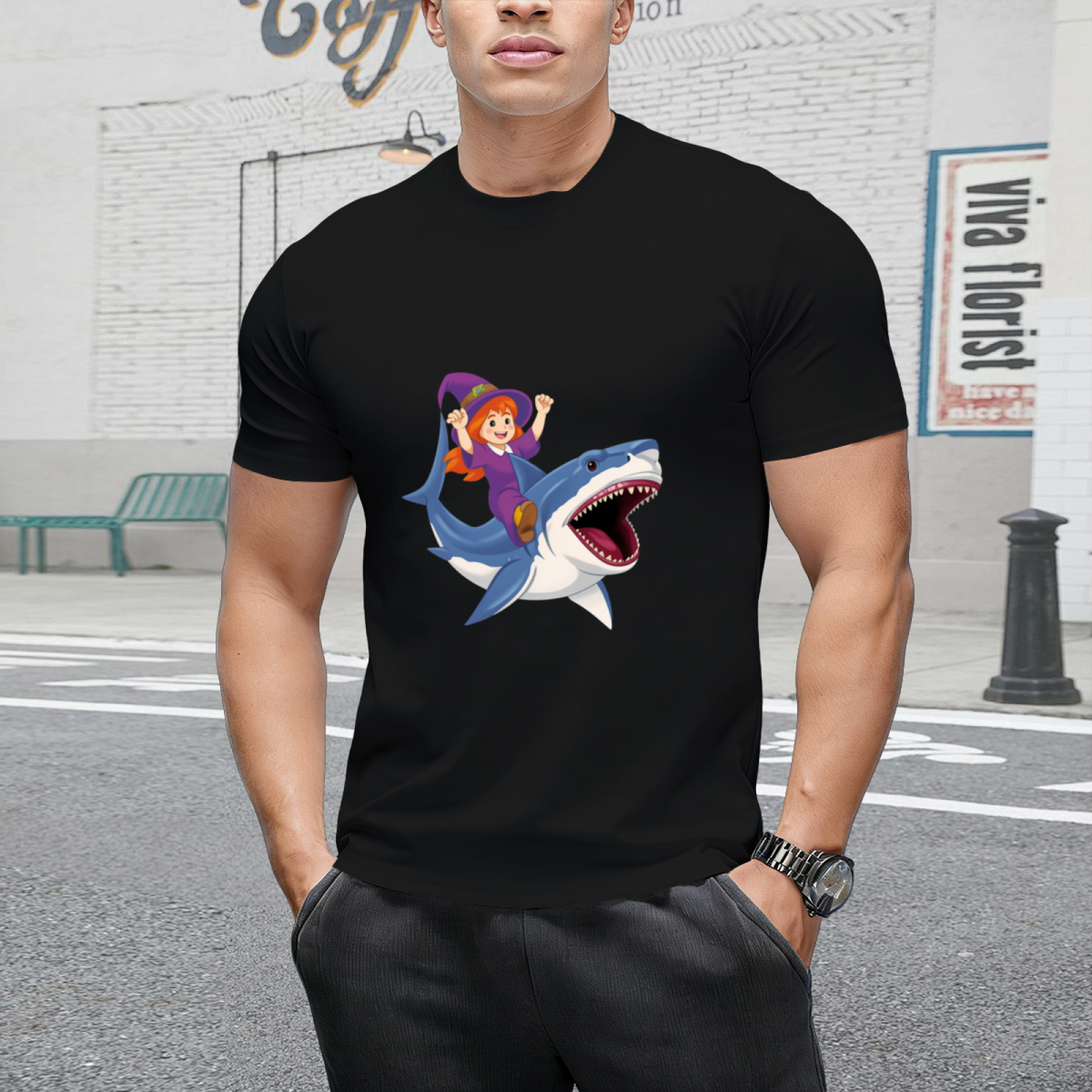 Witch Riding Shark Spooky Halloween Costume Graphic T-Shirt