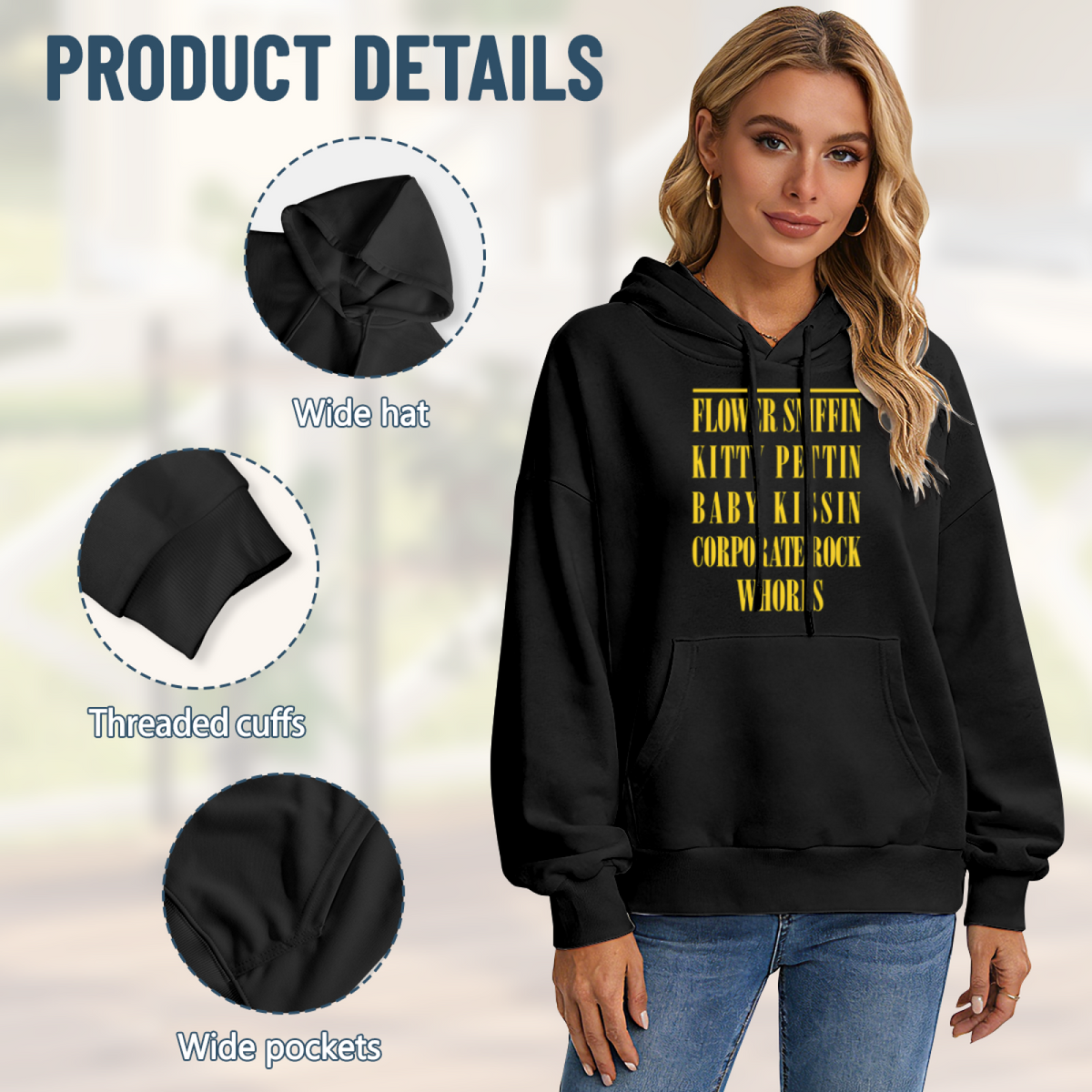 Hoodie product image with flower sniffin quote artwork
