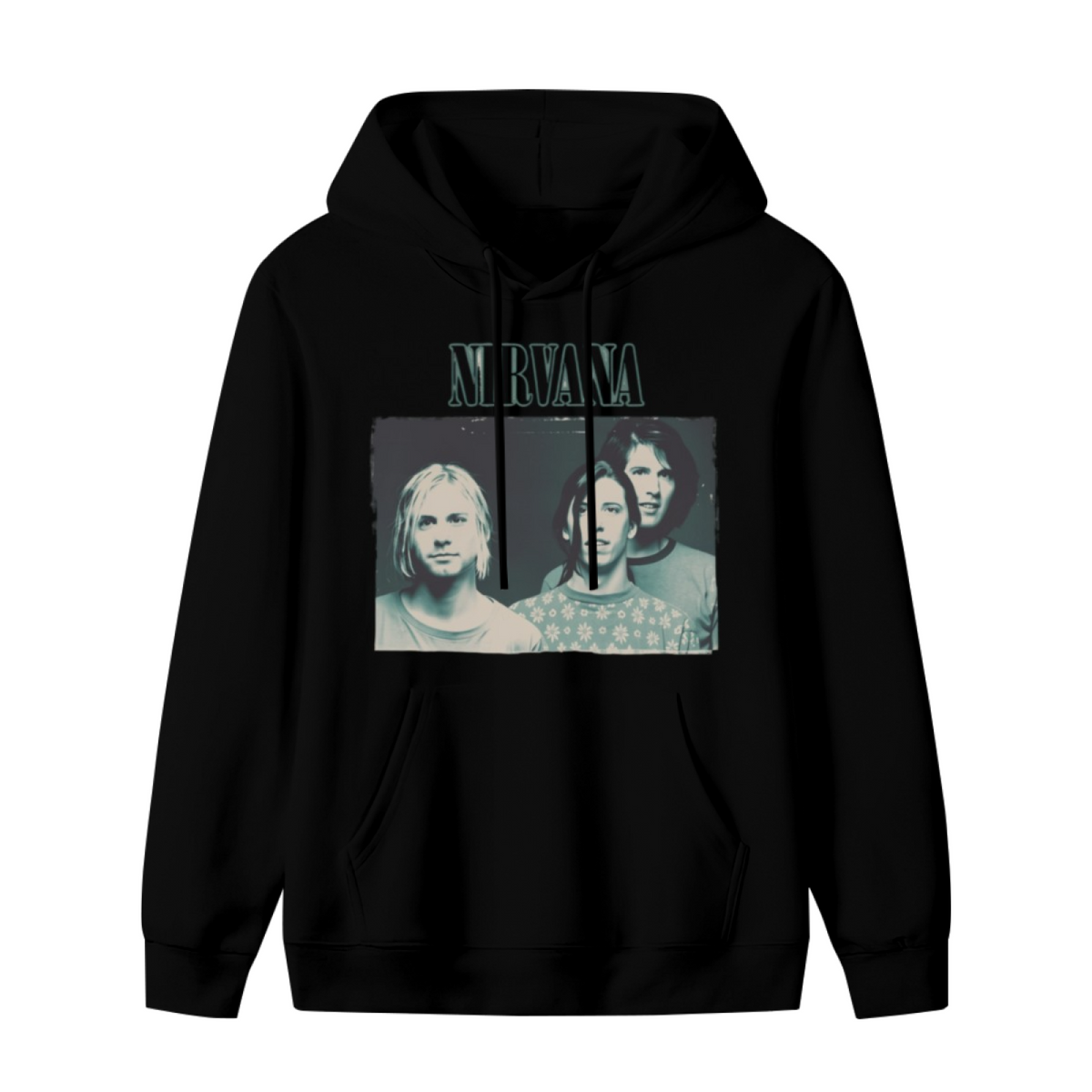 Nirvana Blue Tinted Band Portrait Hoodie, product image featuring the portrait in blue design