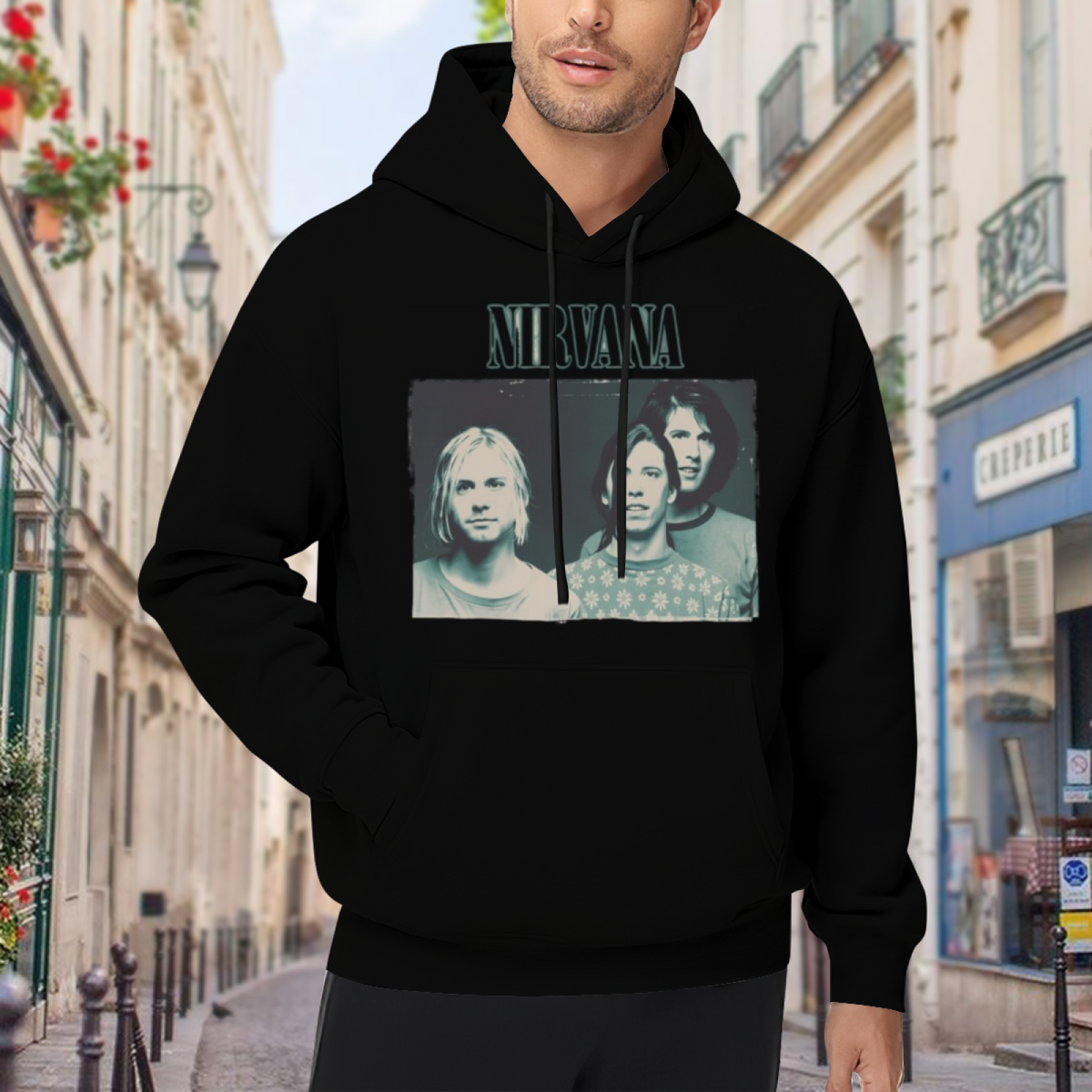 Nirvana Blue Tinted Band Portrait Hoodie, product listing image of the portrait in blue graphic
