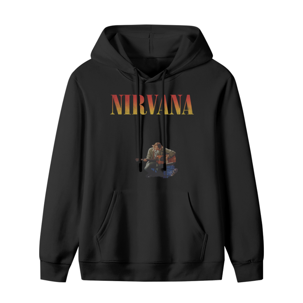 Hoodie product image with kurt cobain acoustic guitar artwork, black colorway