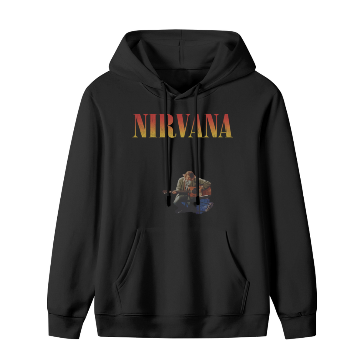 Hoodie product image with kurt cobain acoustic guitar artwork, black colorway