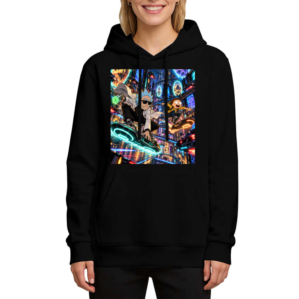 Women's hoodie seen on a model, its front graphic depicting two hoverboard riders surrounded by luminous portals