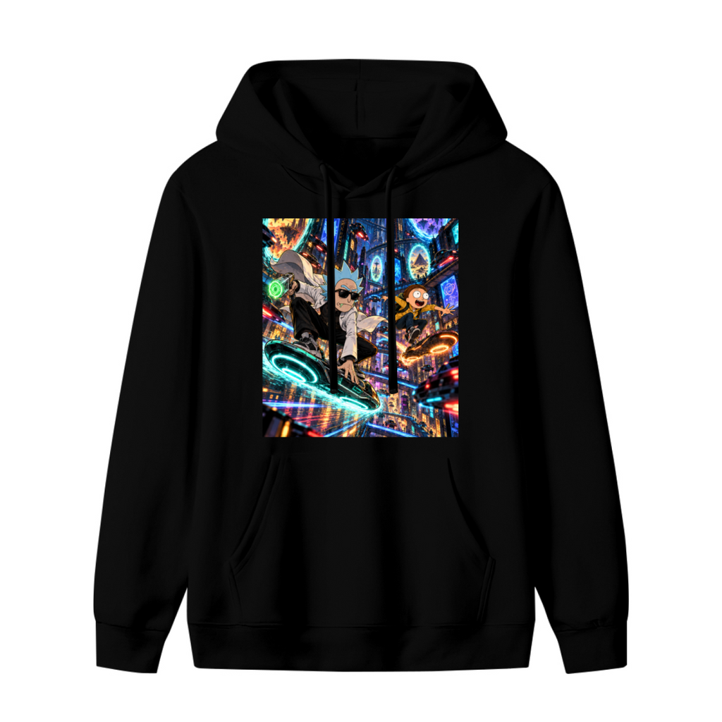 Front garment photograph: women's hoodie decorated with two hoverboard riders surrounded by luminous portals