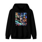 Front garment photograph: women's hoodie decorated with two hoverboard riders surrounded by luminous portals