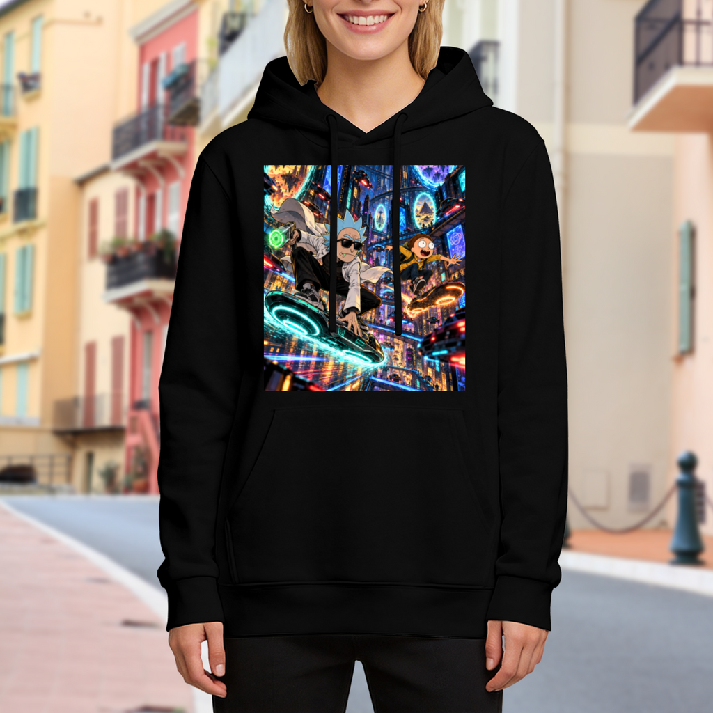 Two hoverboard riders surrounded by luminous portals visible on a women's hoodie in an outdoor front model view