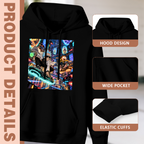 Women's Midnight Board Adventure hoodie product-feature illustration with close views of the hood, pocket and cuffs