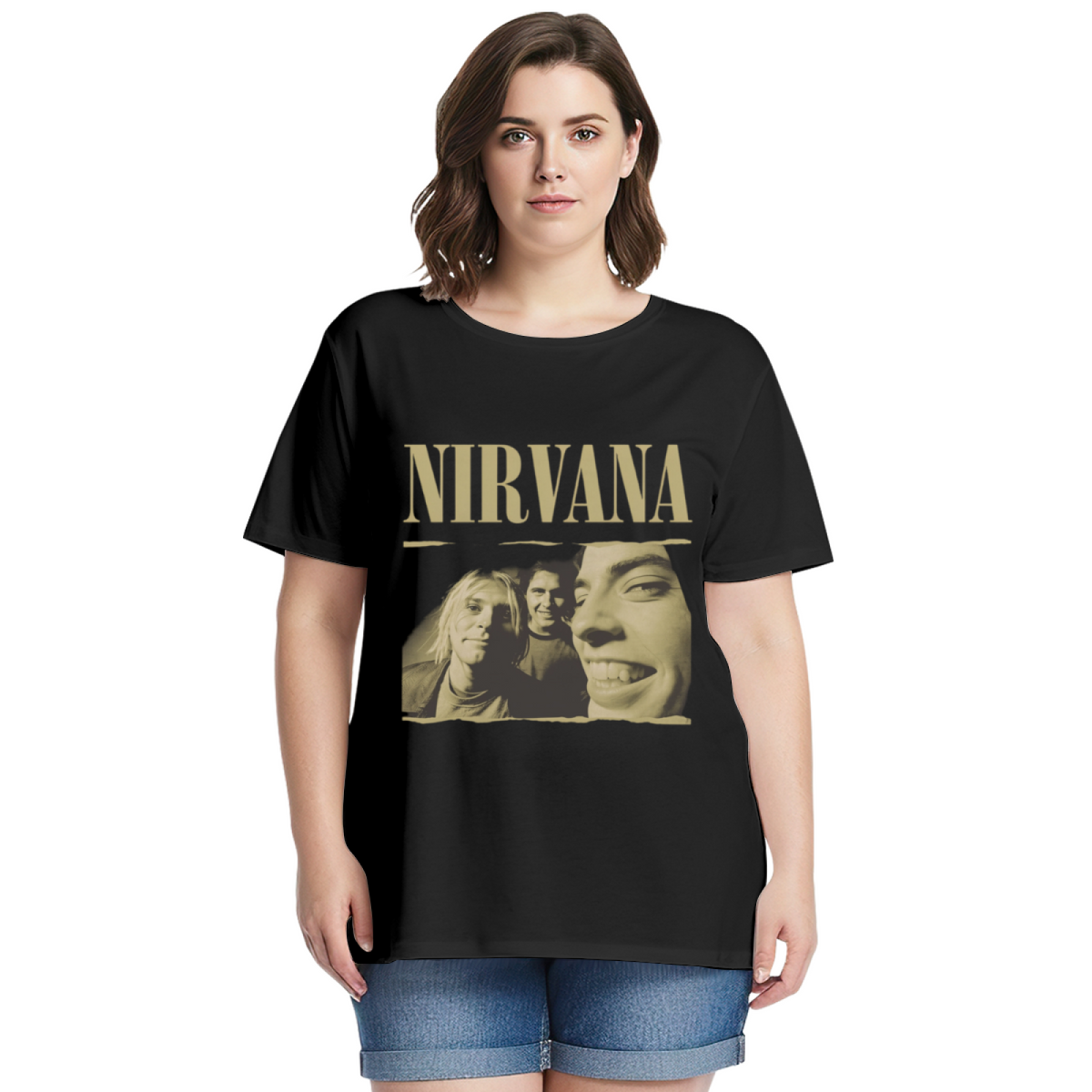 Graphic T-shirt product image with vintage band portrait artwork, black colorway