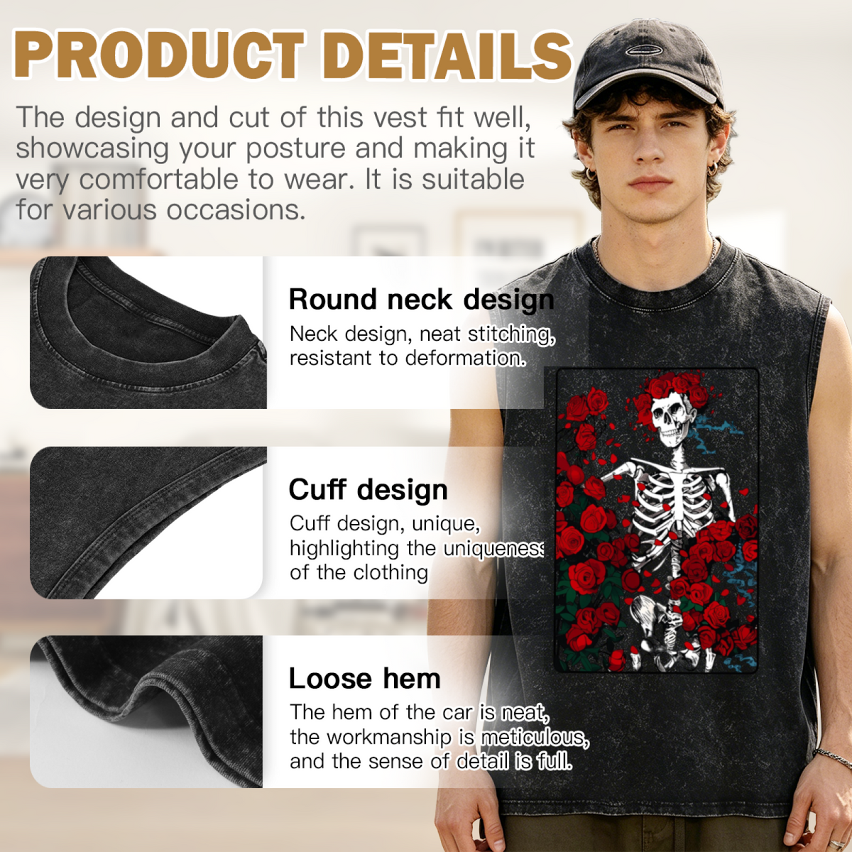 Grateful Dead washed graphic tank top with Woodcut Wheel Roses graphic