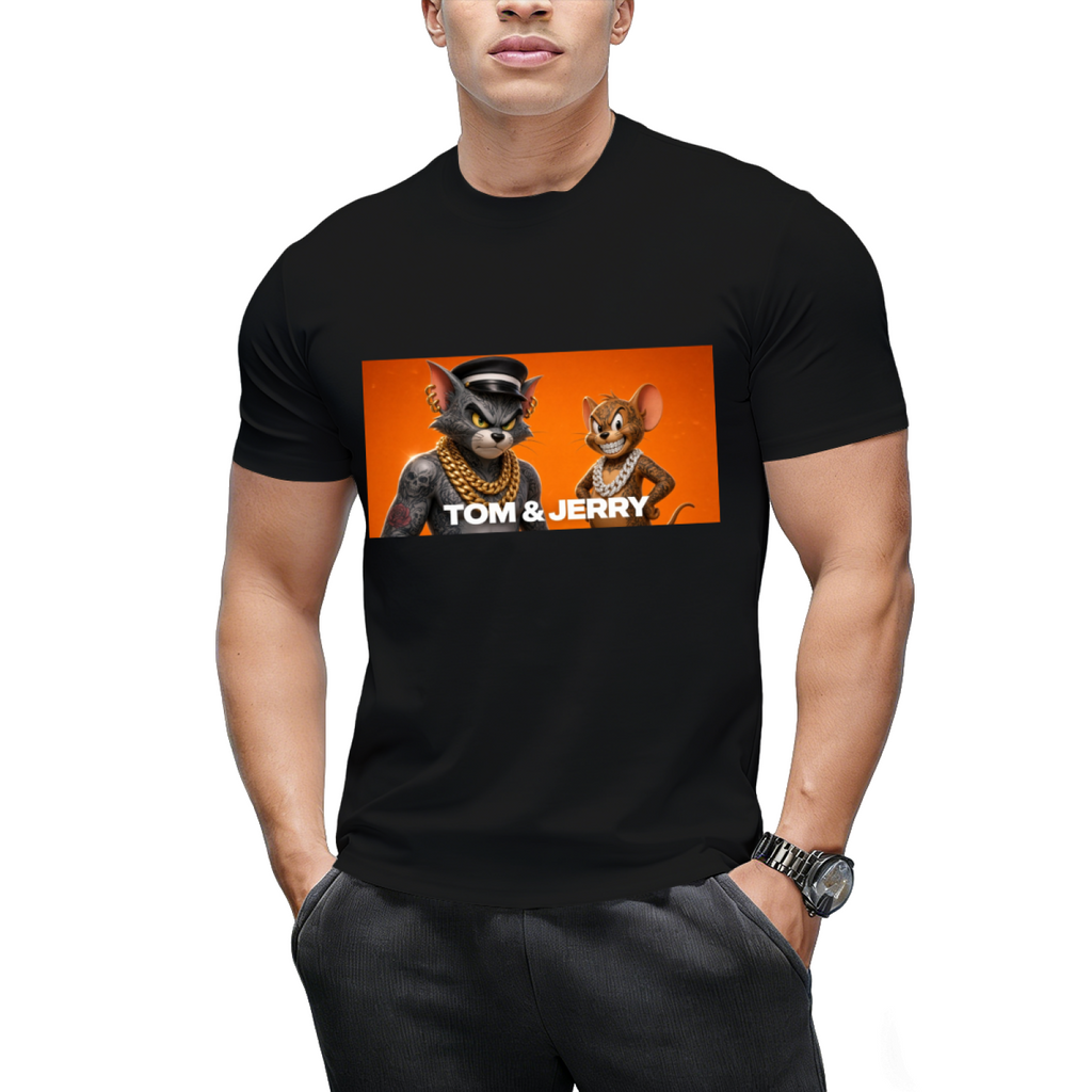Men's T-shirt with cartoon Cat & Mouse Trouble front graphic shown on a model