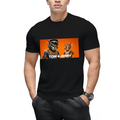 Men's T-shirt with cartoon Cat & Mouse Trouble front graphic shown on a model