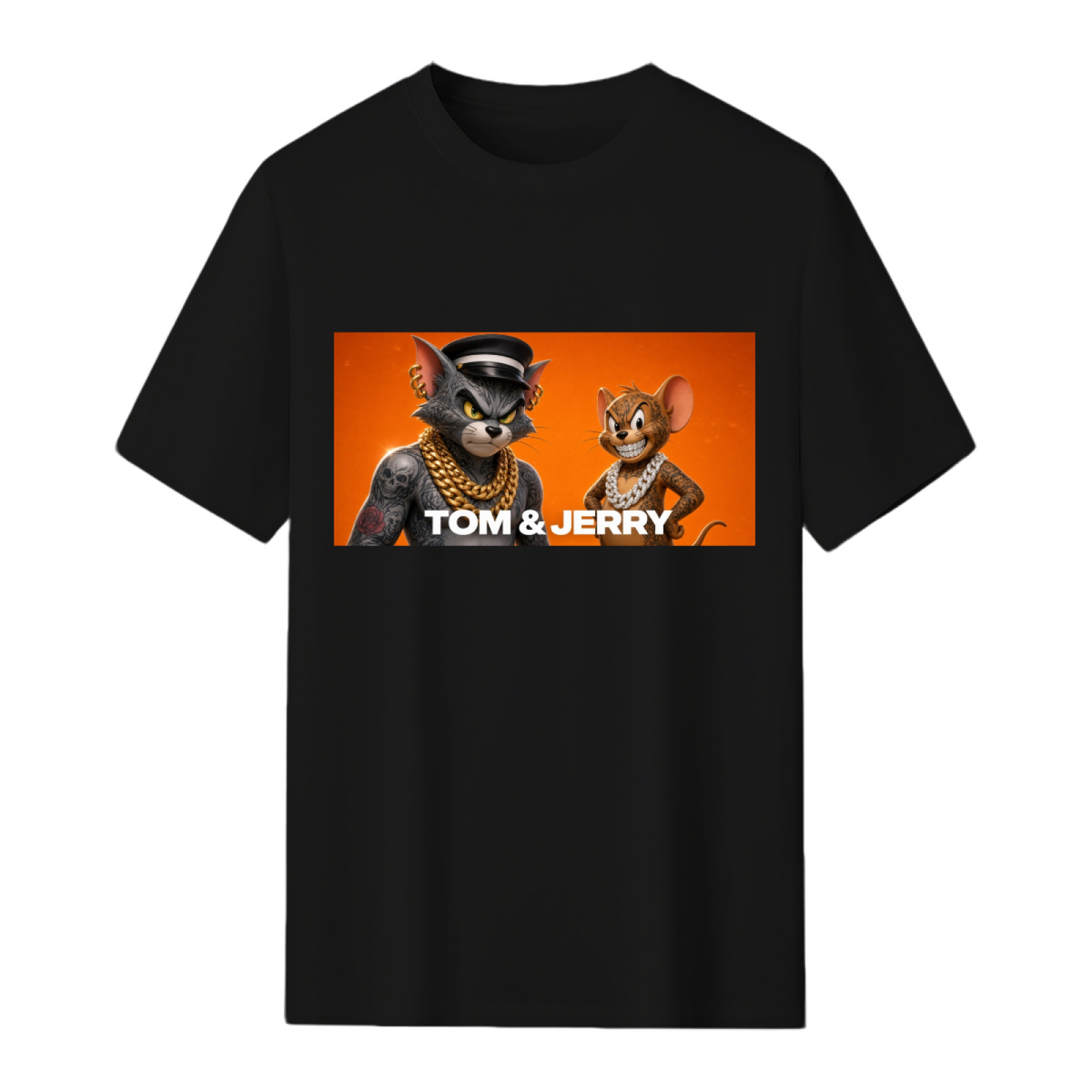 Men's T-shirt with cartoon Cat & Mouse Trouble graphic, front product view