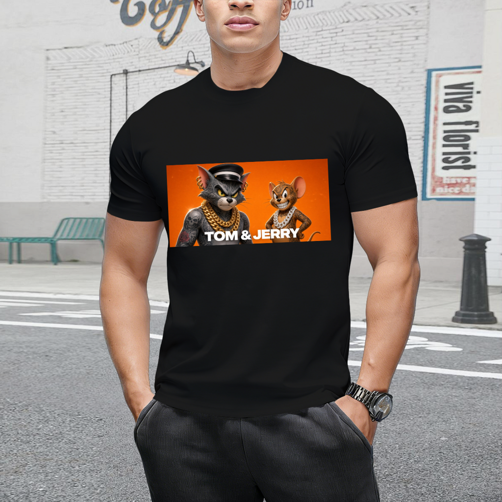 Casual outdoor view of a model in a men's T-shirt with cartoon Cat & Mouse Trouble design