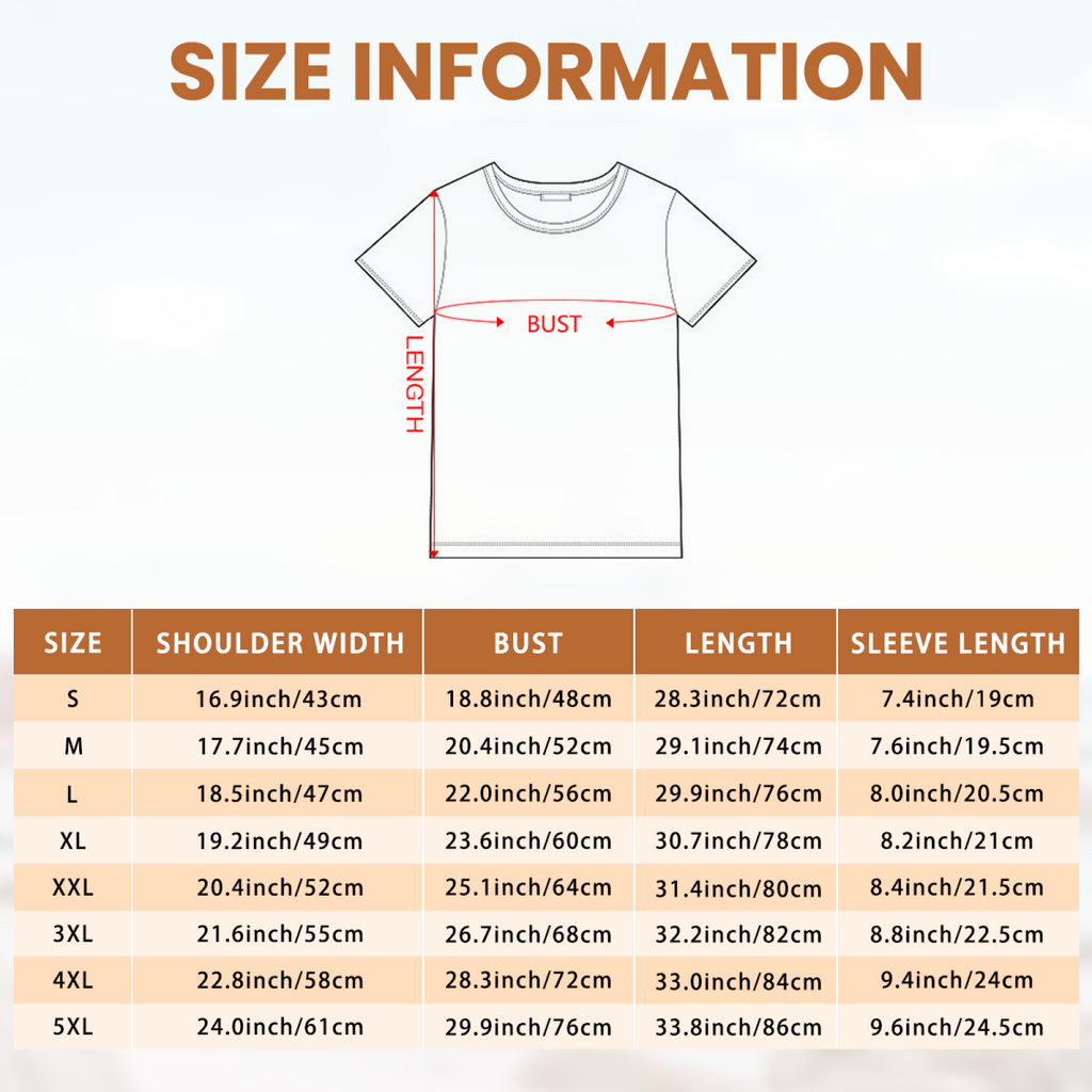 Garment size chart for the cartoon Cat & Mouse Trouble men's T-shirt with measurement instructions