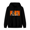 Unworn men's hoodie, front view of the design depicting a cartoon cat and mouse wearing gold chains in a portrait panel
