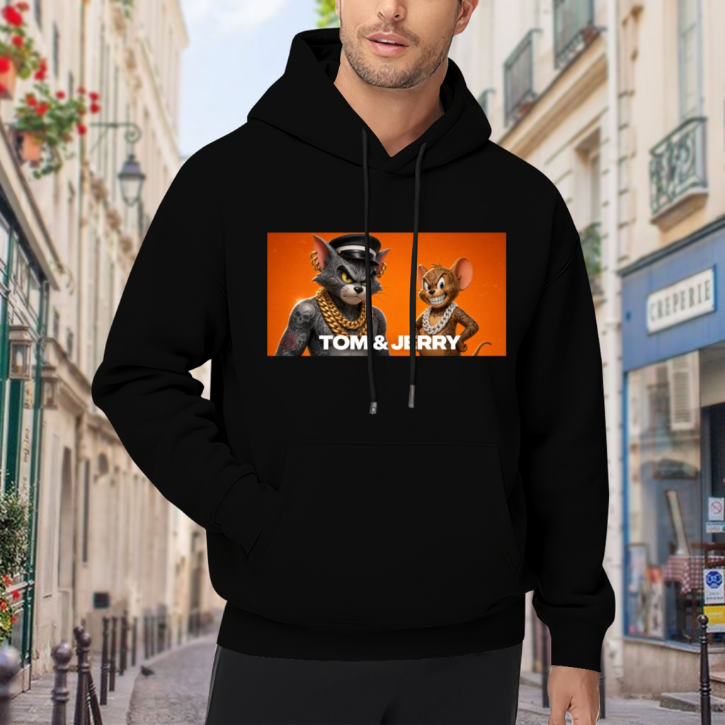 On-location model photograph displaying a cartoon cat and mouse wearing gold chains in a portrait panel on the front of a men's hoodie