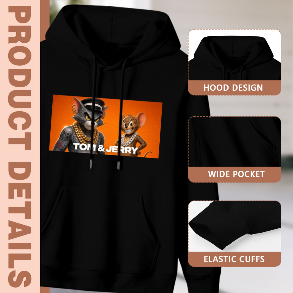 Garment and inset detail views for the men's Chain-Decked Animal Portrait hoodie, highlighting the hood, pocket opening and cuffs