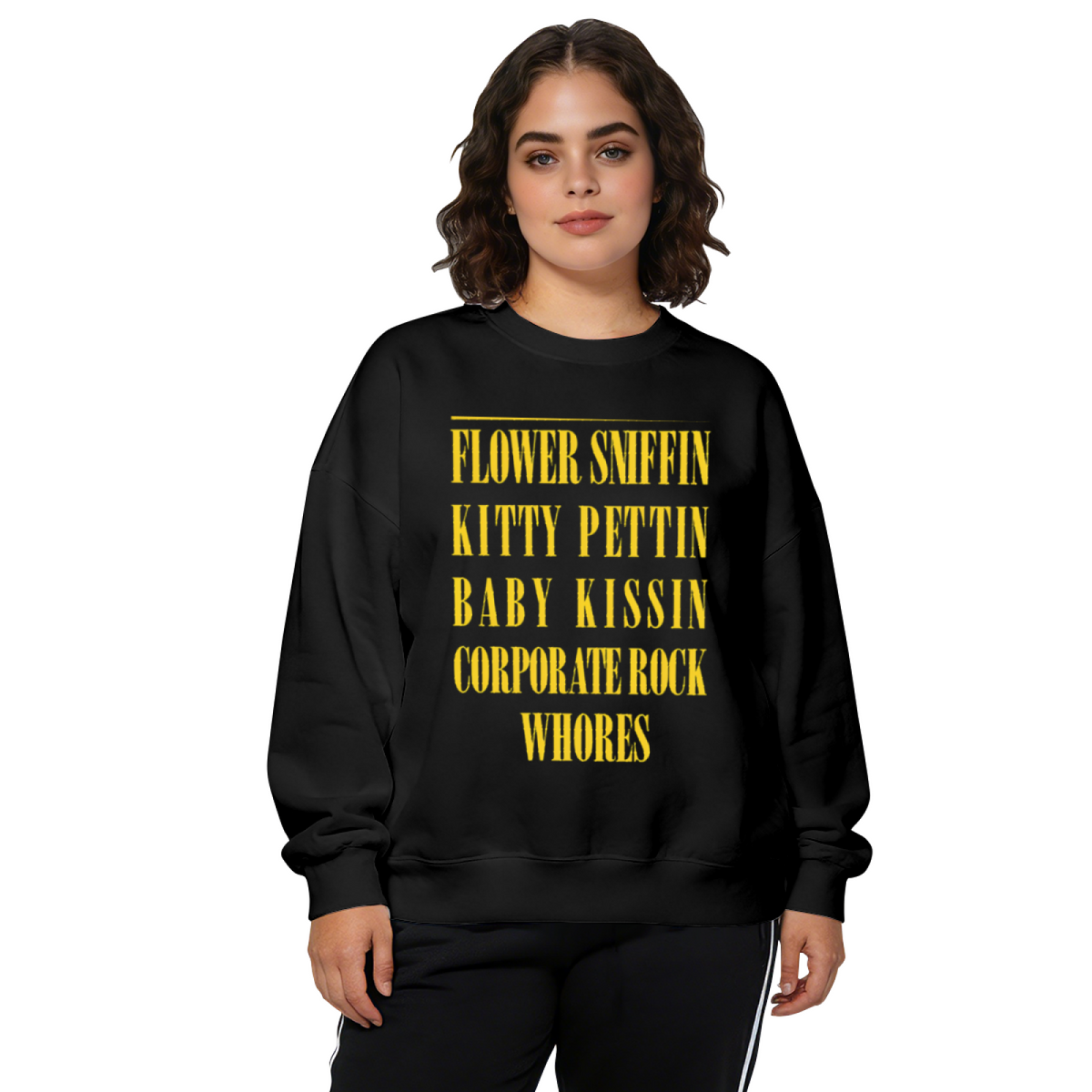 Crewneck sweatshirt product image with corporate-rock quote typography