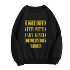 Crewneck sweatshirt product image with corporate-rock quote typography