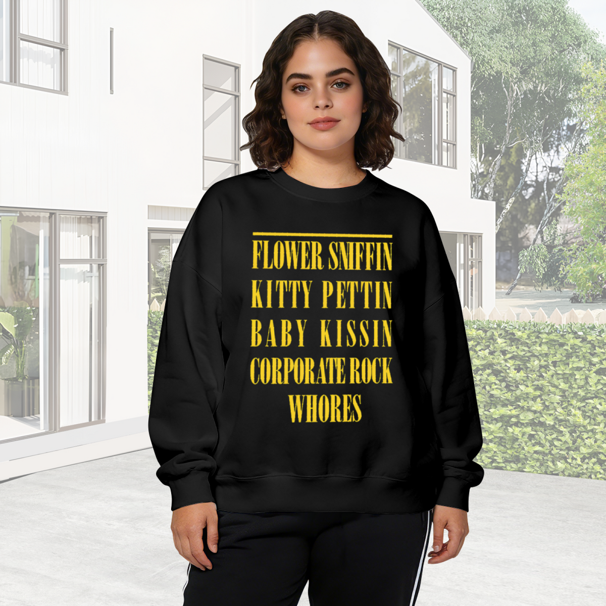 Crewneck sweatshirt product image with corporate-rock quote typography
