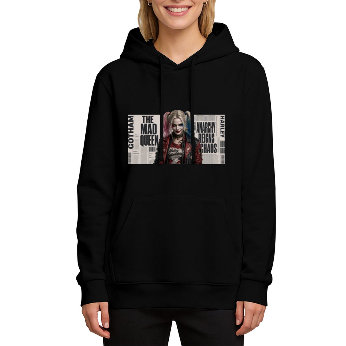 Studio photograph of a model in a women's hoodie showing a pigtail portrait layered over rectangular newspaper-style lettering