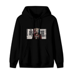 Standalone women's hoodie front displaying a graphic of a pigtail portrait layered over rectangular newspaper-style lettering