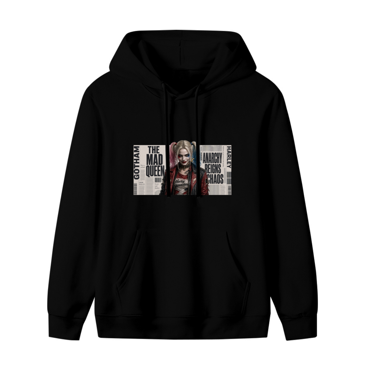 Standalone women's hoodie front displaying a graphic of a pigtail portrait layered over rectangular newspaper-style lettering