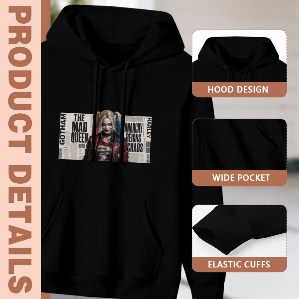 Construction-detail card for the women's Rebel Portrait Press Sheet hoodie, including the hood, front pouch and cuff edges