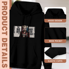 Construction-detail card for the women's Rebel Portrait Press Sheet hoodie, including the hood, front pouch and cuff edges