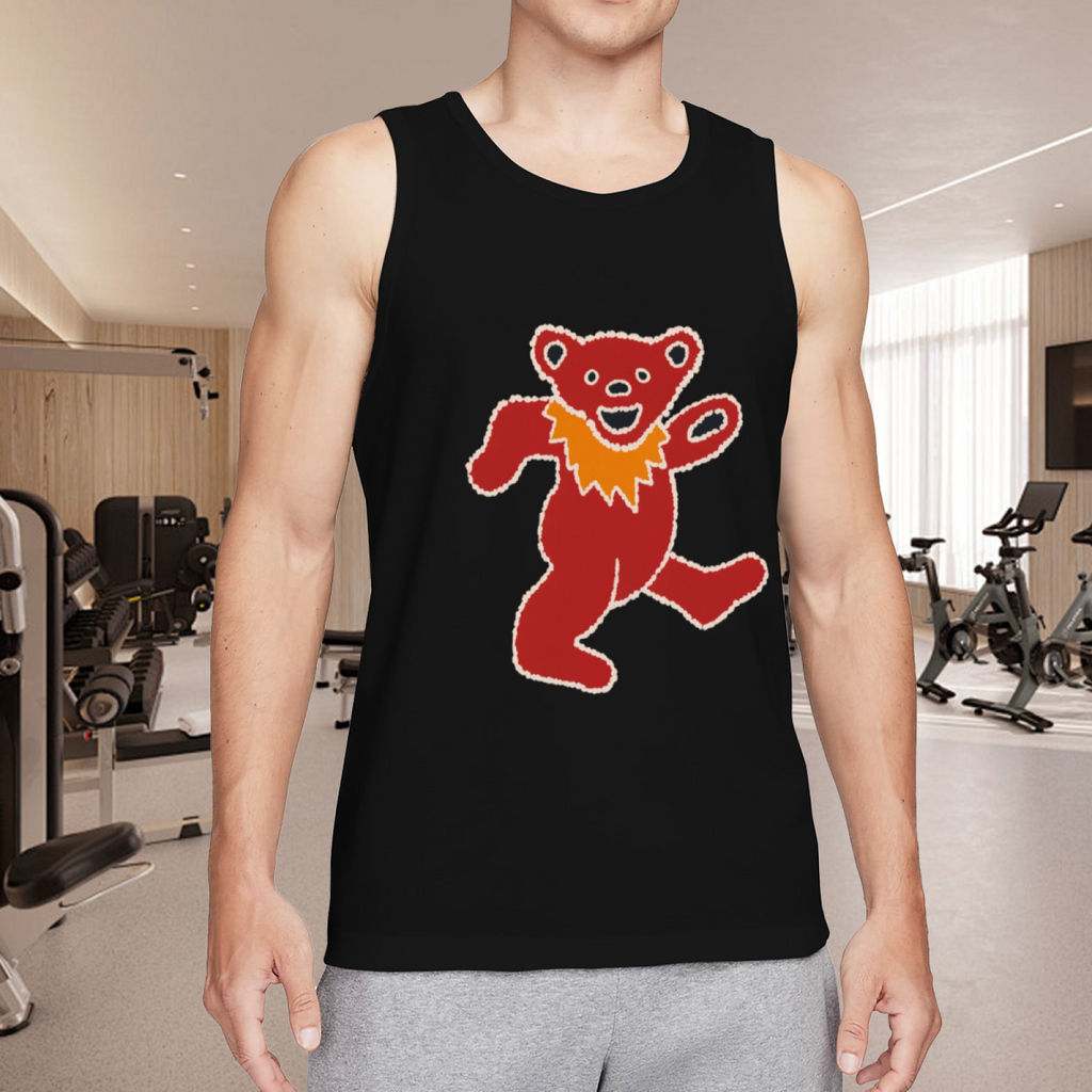 Grateful Dead Blue tie dye featuring a red dancing bear with an orange collar and white outline graphic tank top product image