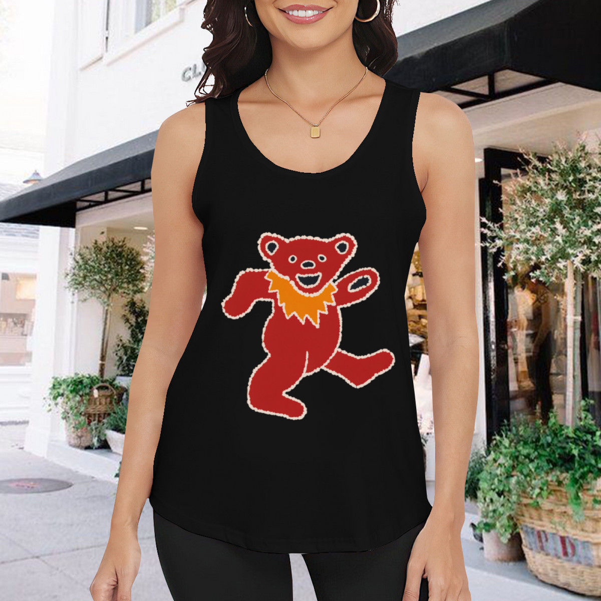 Grateful Dead Blue tie dye featuring a red dancing bear with an orange collar and white outline graphic tank top product image