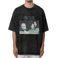 Nirvana Blue Gray Band Photo Washed Tee in Black, product image showing a three-member Nirvana portrait in a blue-gray photographic treatment.