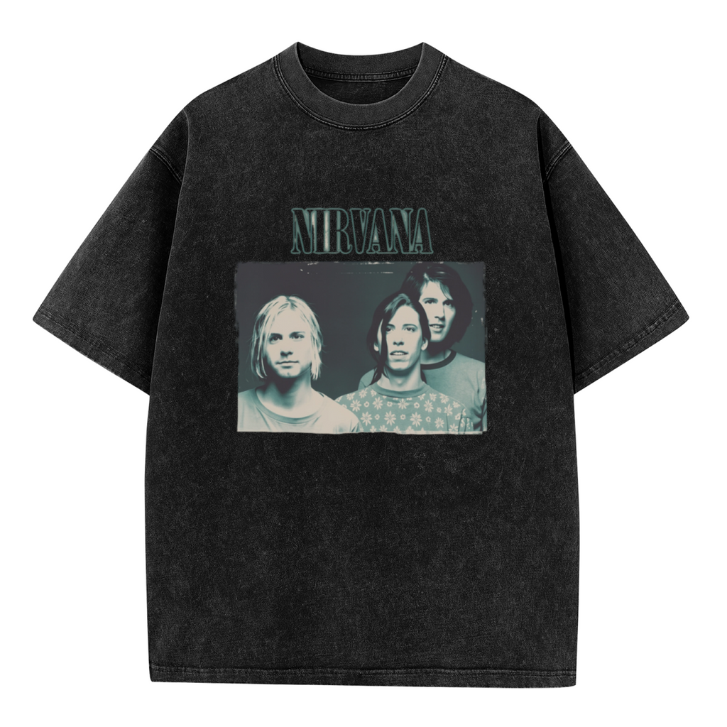 Nirvana Blue Gray Band Photo Washed Tee in Black, product image showing a three-member Nirvana portrait in a blue-gray photographic treatment.