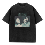 Nirvana Blue Gray Band Photo Washed Tee in Black, product image showing a three-member Nirvana portrait in a blue-gray photographic treatment.