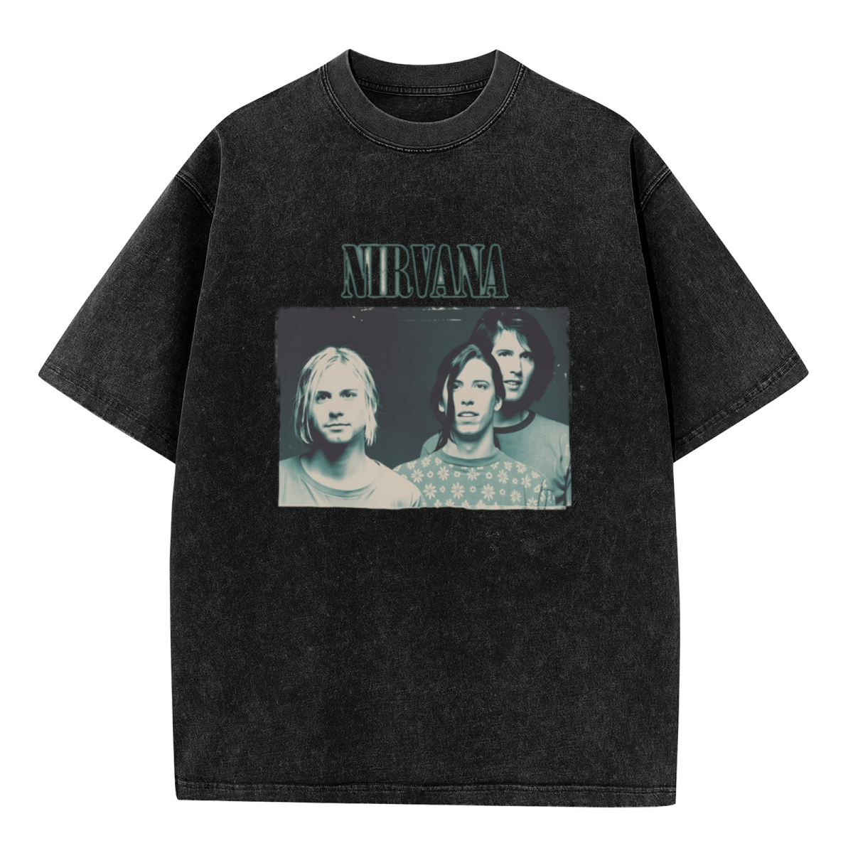 Nirvana Blue Gray Band Photo Washed Tee in Black, product image showing a three-member Nirvana portrait in a blue-gray photographic treatment.
