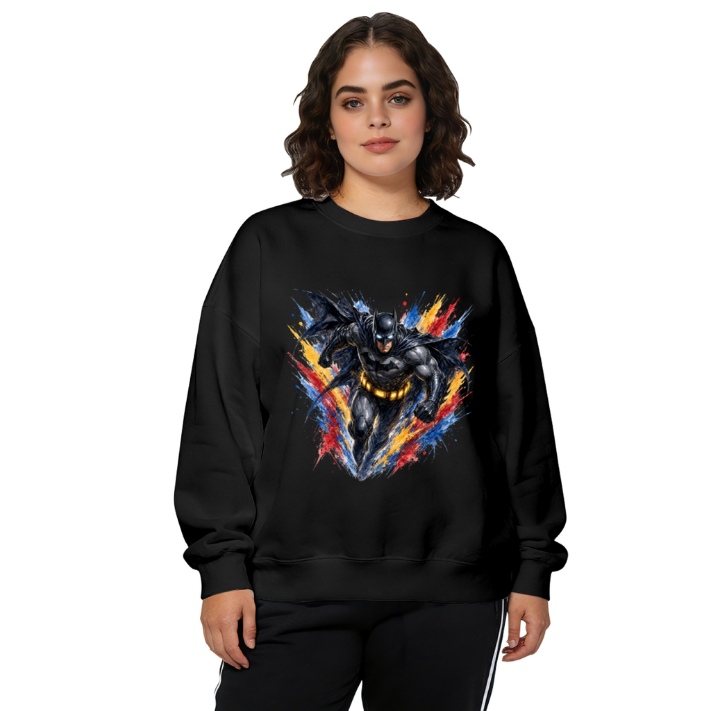Studio photograph of a model in a women's crewneck sweatshirt showing a winged masked figure bursting through jagged multicolored paint strokes