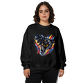 Studio photograph of a model in a women's crewneck sweatshirt showing a winged masked figure bursting through jagged multicolored paint strokes