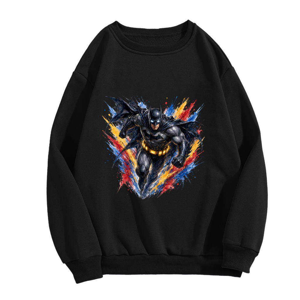 Standalone women's crewneck sweatshirt front displaying a graphic of a winged masked figure bursting through jagged multicolored paint strokes