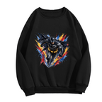Standalone women's crewneck sweatshirt front displaying a graphic of a winged masked figure bursting through jagged multicolored paint strokes
