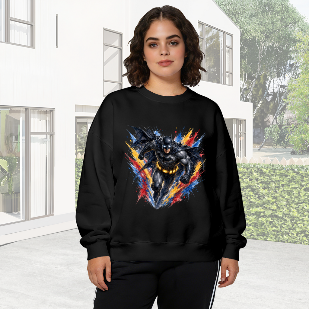 Women's crewneck sweatshirt worn outside, with the camera facing the graphic of a winged masked figure bursting through jagged multicolored paint strokes